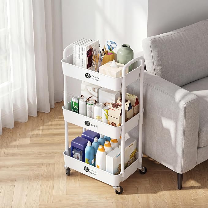 Laiensia 3-Tier Rolling Cart with Wheels,Multifunction Utility Storage Carts, Kitchen Storage Organizer,Mobile Shelving Unit for Bathroom,Laundry,with Classified Stickers,White - Image 8