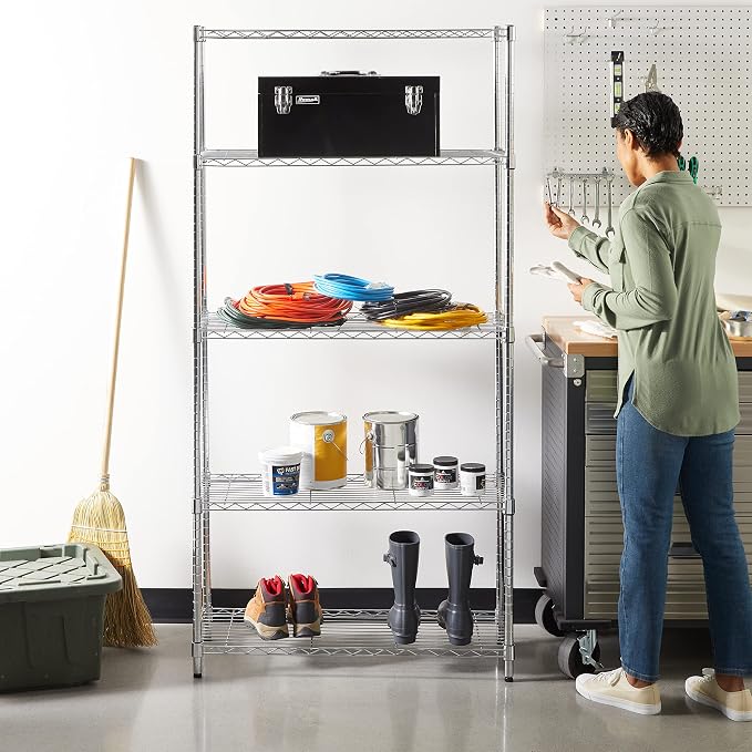 Amazon Basics 5-Shelf Adjustable Heavy Duty Steel Wire Rack, Space Saving Storage Shelving Organizer for Kitchen, Garage, No-Tool Assembly, 350 lbs Weight Capacity, 36" x 14" x 72", Chrome - Image 8