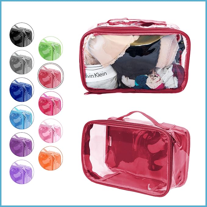 Small Clear Travel Packing Cube/See Through PVC Plastic Pouch for Carry On Suitcase, Backpack or Diaper Bag/Transparent Multipurpose Accessories, Makeup & Underwear Organizer w/Handle (Burgundy) - Image 2