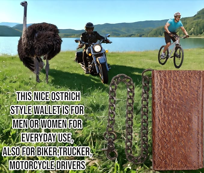 F&L CLASSIC RFID Blocking Mens Tri-fold Long Style buffalo crazy horse Leather Steel Chain Wallet,ostrich print brown,212-51 - Image 6