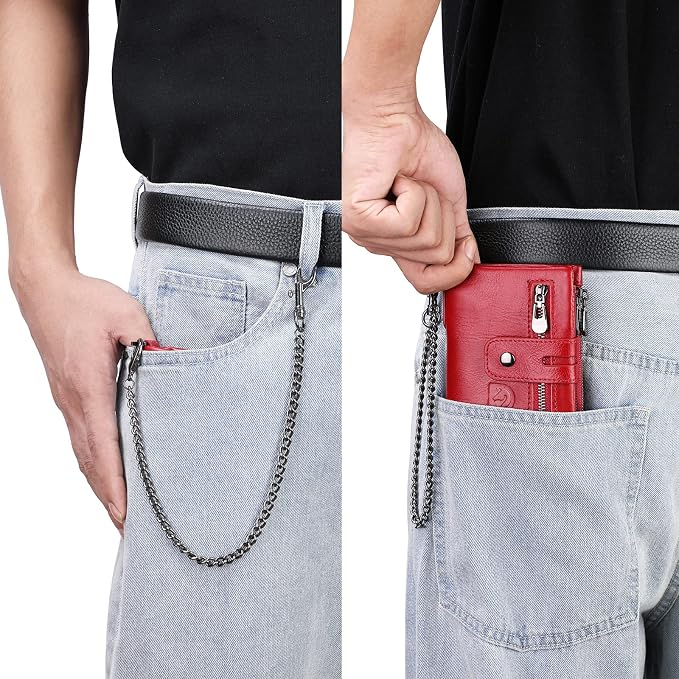 Chain Wallet for Women, Genuine Leather RFID Blocking Bifold Wallet with Anti-Theft Chain B02-Red - Image 2