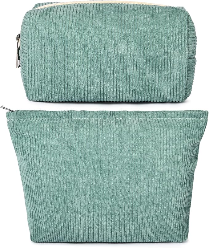 SOIDRAM 2 Pieces Makeup Bag Large Corduroy Cosmetic Bag Capacity Canvas Mix Travel Toiletry Bag Organizer Cute Makeup Brushes Aesthetic Accessories Storage Bag for Women, Corduroy Mix Green by SOIDRAM