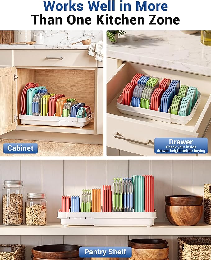 EVERIE Expandable Food Container Lid Organizer for Cabinet, Fits 12-Inch Deep or Deeper Cabinets , Adjustable 13.4" to 20.5", 8 Adjustable Dividers for lids , Drawer, Pantry and Kitchen Storage - Image 6