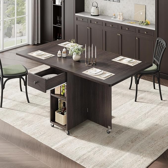 Jocoevol Space Saving Folding Dining Table for 4, Foldable Dining Table with Drawer and Storage Shelf, 6 Wheels Drop Leaf Kitchen Dining Room Table for Small Space (Walnut, 47.2" x 23.6" x 29.9") by JOCOEVOL