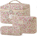 HBselect Quilted Makeup Bag, 3Pcs Cotton Large Travel Makeup Bags Organizer | Cute Floral Make up Bag Cosmetic Bag Toiletry Bag for Women Girls, Makeup Pouch for Skincare, Brushes & Travel Essentials by HBselect