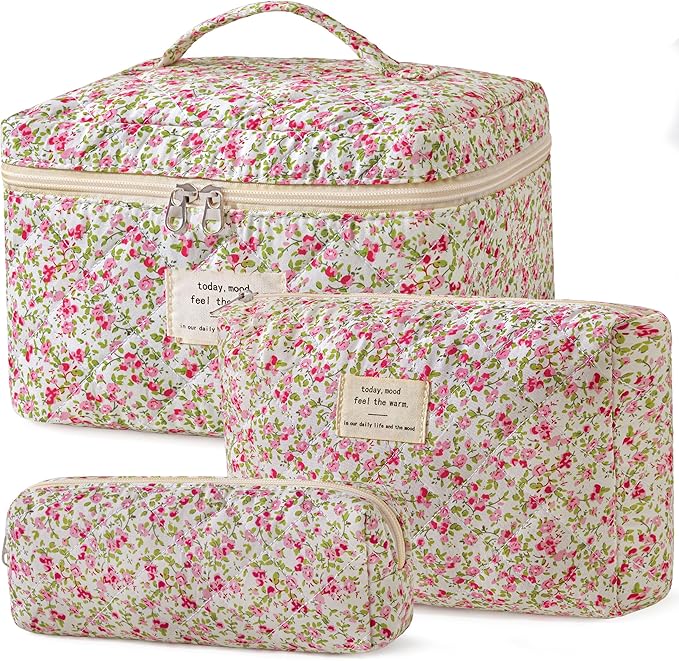 HBselect Quilted Makeup Bag, 3Pcs Cotton Large Travel Makeup Bags Organizer | Cute Floral Make up Bag Cosmetic Bag Toiletry Bag for Women Girls, Makeup Pouch for Skincare, Brushes & Travel Essentials by HBselect