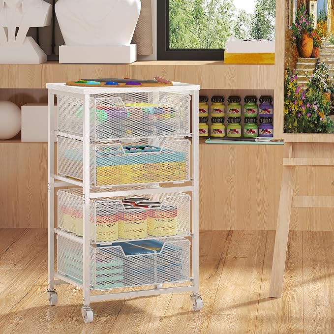4-Drawer Rolling Storage Cart, Utility Cart with Drawers, White Metal Craft Cart Organizer with Wheels & Wooden Top, Art Supply Storage Organizer for Classroom, Office, Kitchen,Patent Pending - Image 2