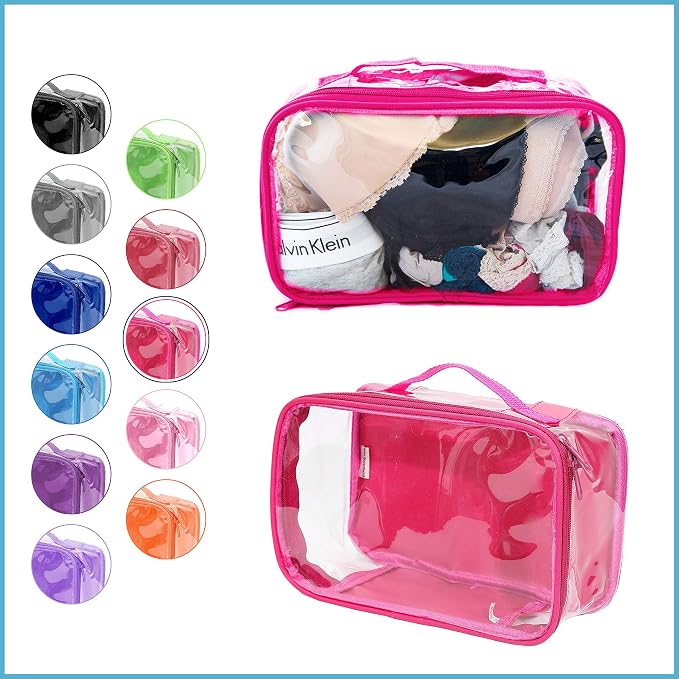 Small Clear Travel Packing Cube/See Through PVC Plastic Pouch for Carry On Suitcase, Backpack or Diaper Bag/Transparent Multipurpose Accessories, Makeup & Underwear Organizer w/Handle (Pink) - Image 2