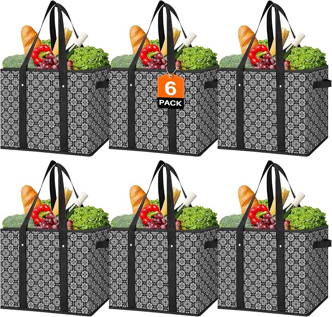 Reusable Grocery Bags 6 Pack, Foldable & Water Resistant Shopping Bags | Large Grocery Tote Bag Water Resistant Shopping Bags Foldable Grocery Bag for Clothes,Shoes and Picnic by WiseLife