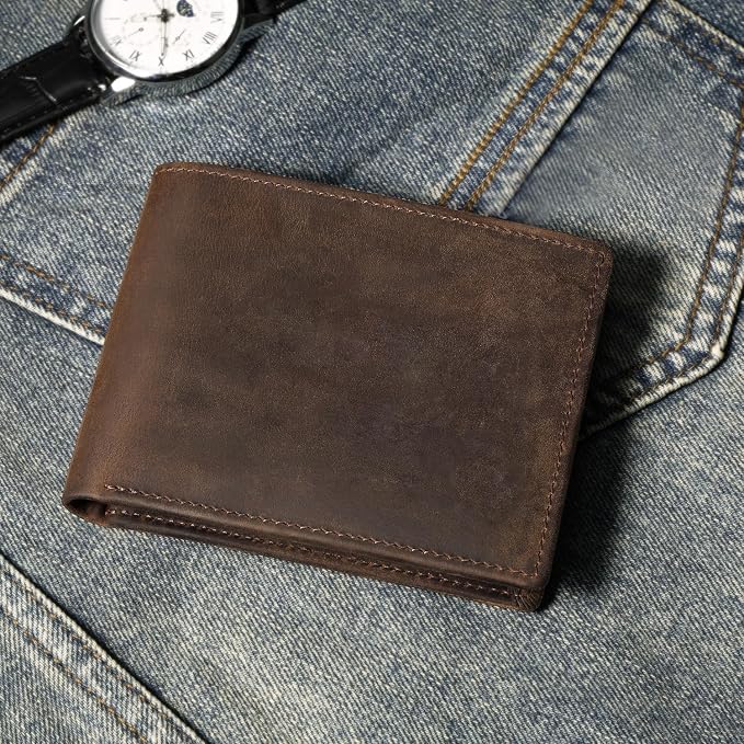 RUNBOX Men's Full Grain Leather Bifold Wallet - Crazy Horse RFID Blocking Slim Wallet with 2 ID Windows, 12 Card Slots & Dual Cash Pockets, Gift for Men - Image 9