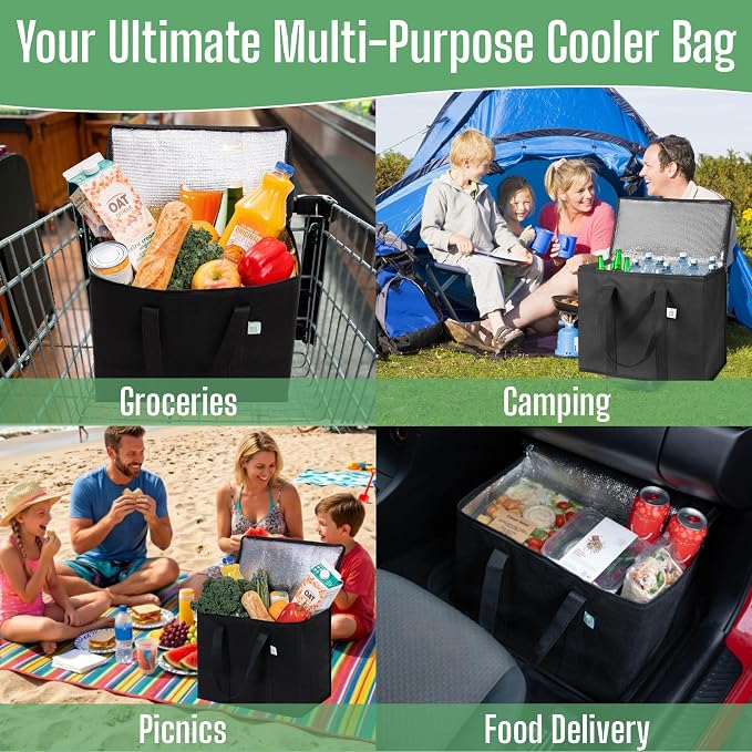 VENO 2 Pack Cooler Bag Insulated Grocery Bags for Food Delivery Heavy Duty | Large Collapsible Cooler, Reusable Shopping Tote w/ Zippers, Foldable, Stands Upright, for Groceries Camping (Black, 2 Pack) - Image 5