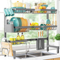 Sakugi Over The Sink Dish Drying Rack - Adjustable 3 Tier XX-Large Capacity Stainless Steel Drainer with Cutlery & Utensil Holders, Kitchen Storage & Organization, 31.5"-39.5"L x 12"W x 30.5"H, Gray by Sakugi