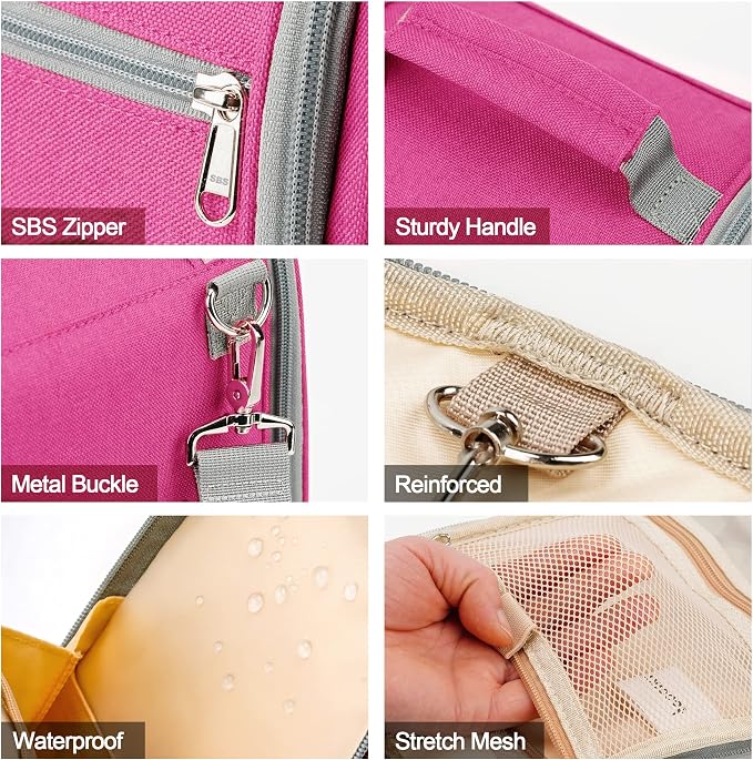 Hanging Travel Toiletry Bag for Women and Men, 6 Organizer Compartments, Extra Large Toiletries Bag, Bathroom Cosmetic Bag, Water-resistant Makeup Bag, Holds Full-Size Shampoo, Rose Red - Image 7