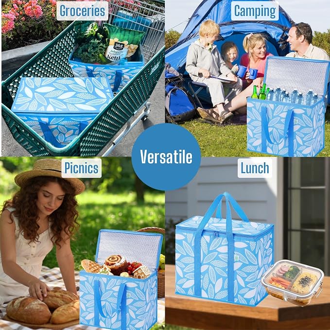 VENO 2 Pack Insulated Cooler Bag Reusable Grocery Bag for Food Delivery | Heavy Duty Large Collapsible Cooler Shopping Tote w/ Zippers, Foldable, Stands Upright for Camping (Spring Breeze, 2 Pack) - Image 6