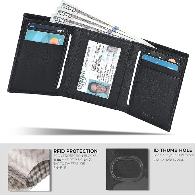 Real Leather Mens Trifold Wallet RFID Blocking Slim Minimalist Front Pocket - Thin & Stylish with ID Window in Gift Box - Image 4