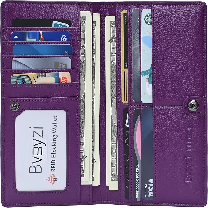 Bveyzi Ultra Slim Thin Leather RFID Blocking Credit Card Holder Bifold Clutch Wallets for Women - Image 2