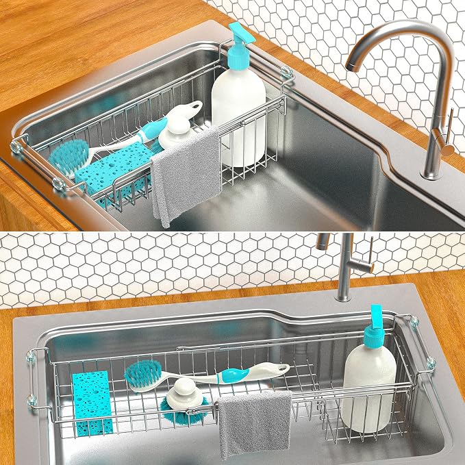 Over the Sink Caddy, Expandable Stainless Steel Sponge Holder for Kitchen Sink, 14.5-22 in Sink Organizer Rack for Sponge, Soap, Brush, Dish Cloth and Rag, Rust-Resistant Drying Holder - Image 3