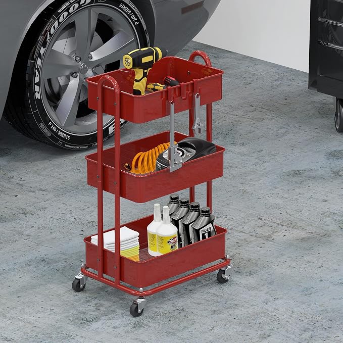 Simple Houseware 3-Tier Heavy Duty Metal Utility Rolling Cart, Red - Image 4