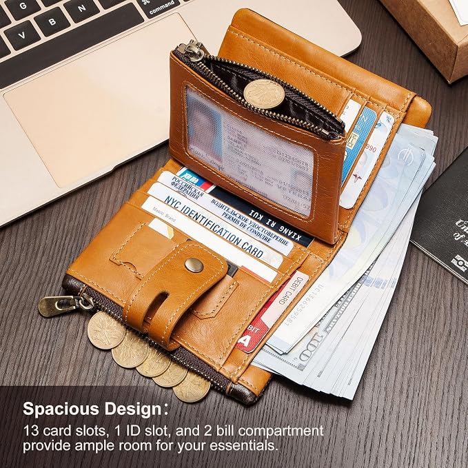 Genuine Leather Mens Wallet with Chain, RFID Blocking Biker Bifold Wallet with Anti-Theft Chain - Image 2