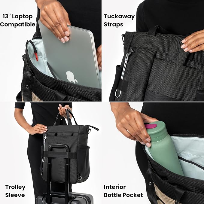 Sherpani Soleil, Anti Theft Convertible Backpack, 3 in 1 Tote, Crossbody Purse, 18L Travel Bag, Fits 13” Laptop (Straw Signature) | 18L Travel Shoulder Bag, Everyday Crossbody Purse, RFID Protection, Business Daypack, Travel Gift for Women, Fits 13" La... - Image 4
