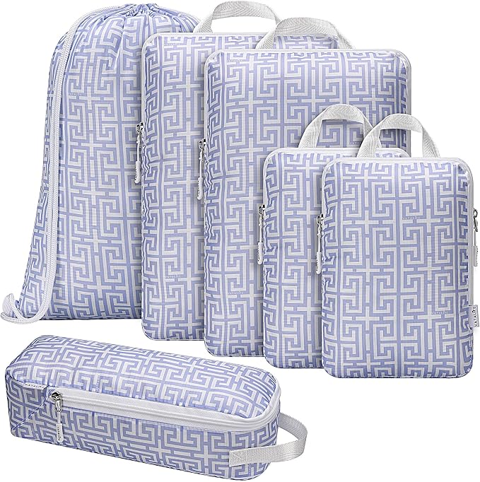 Compression Packing Cubes for Travel 6pc Set with Laundry Bag/Backpack-Luggage Organizers for Suitcase-Lightweight Compressible - Light Blue Boho by Unknown