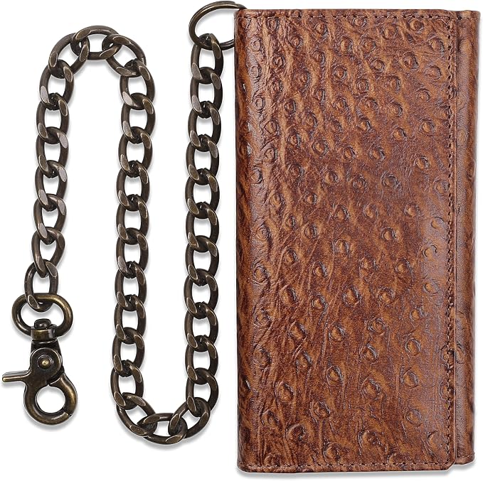 F&L CLASSIC RFID Blocking Mens Tri-fold Long Style buffalo crazy horse Leather Steel Chain Wallet,ostrich print brown,212-51 by FLCLASSIC