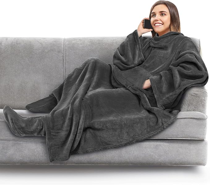 PAVILIA Fleece Blanket with Sleeves, Foot Pockets for Women Men Adults, Plush Wearable Blanket Throw Wrap, Warm Snuggle Blanket Robe, Cozy Gift Ideas Wife Mom, Dark Gray by PAVILIA