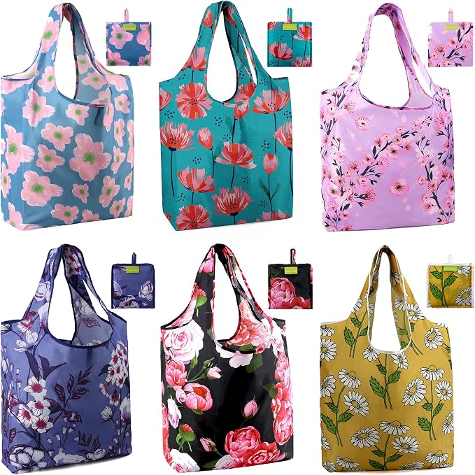 BeeGreen Flower Reusable Shopping Bags Cute Grocery Bag 6 Pack, Christmas Gift Bags Heavy-Duty Foldable Shopping Totes for Supermarket, Work & Travel, Large Washable Polyester Tote Bag with Handles by BeeGreen