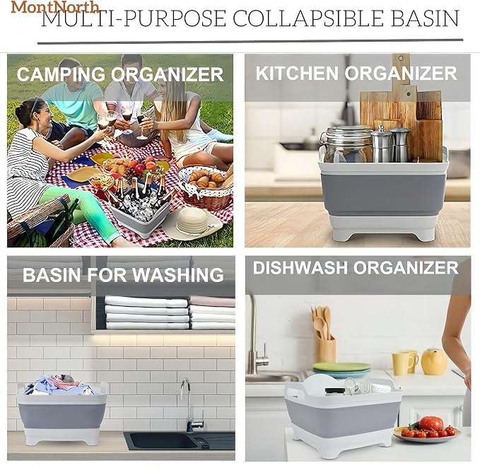 MontNorth Collapsible Wash Basin 9L, Foldable Dish Tub with Drain Plug, Portable Collapsible Dish Basin, Camping Sink for Washing Dishes, Laundry & Kitchen Use,Gray - Image 8
