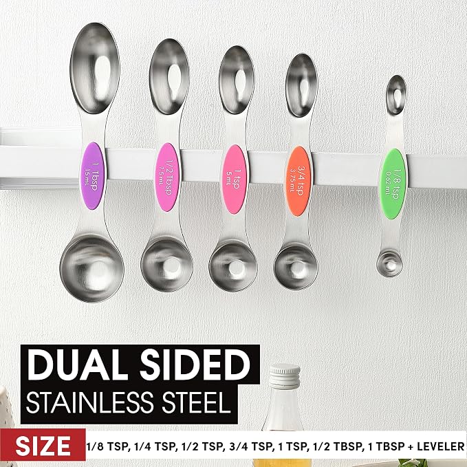 Spring Chef Stainless Steel Magnetic Measuring Spoons Set of 8, Neon | Dual Sided Metal Teaspoon & Tablespoon Measuring Spoons w/ Leveler for Dry & Liquid Ingredients, Fits in Kitchen Spice Jars - Image 3