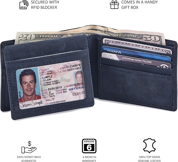 Wallet for Men Slim RFID Blocking Leather Bifold Minimalist 2 ID Windows Gift Box Carteras Para Hombres (CRAZY HORSE, NAVY) - Image 5