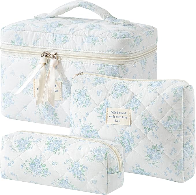 HBselect Quilted Makeup Bag, 3Pcs Cotton Large Travel Makeup Bags Organizer | Cute Floral Make up Bag Cosmetic Bag Toiletry Bag for Women Girls, Makeup Pouch for Skincare, Brushes & Travel Essentials by HBselect