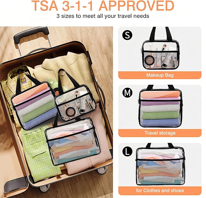 XEWEA 3PCS Clear Travel Toiletry Bags with Handles & Pocketfor Men Women | TSA Approved Transparent Makeup Bag, Waterproof PVC Organizer with Zipper for Toiletries Airline Essentials - Image 4