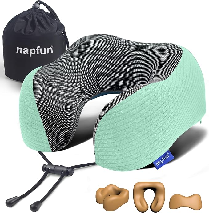 napfun Neck Pillow for Travel, Memory Foam Airplane Pillow, Turquoise | 360° Neck Support, Upgraded 100% Memory Foam for Airplane, Car, Train, Bus, Office Sleep, Travel Essentials for Long Flights by NAPFUN