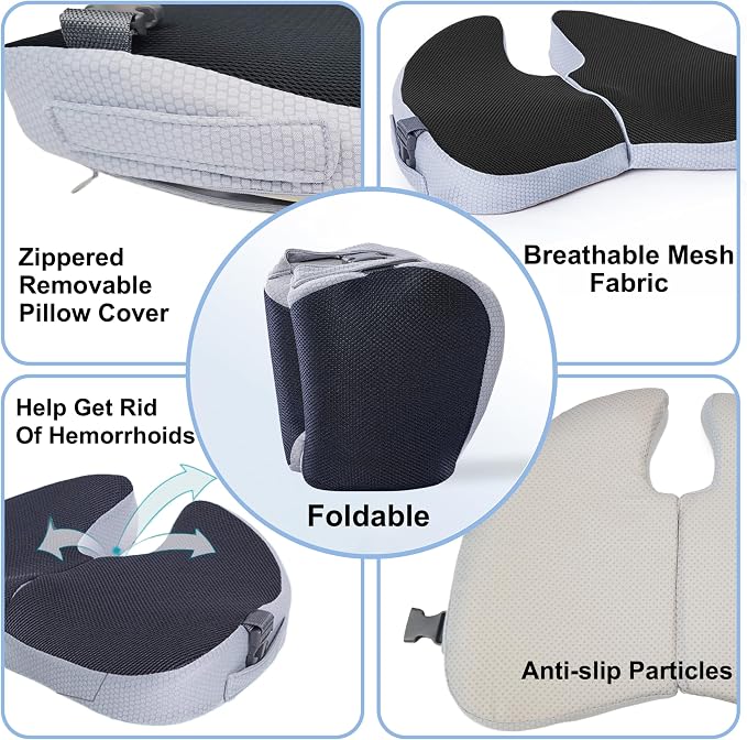 Travel Cushion Airplane Seat, Small Foldable Hemorrhoid Pillow | Compact Airplane Memory Foam Seat Cushion For Long Flights, Travel Essentials For Comfort, Sciatica Pain Relief - Image 4