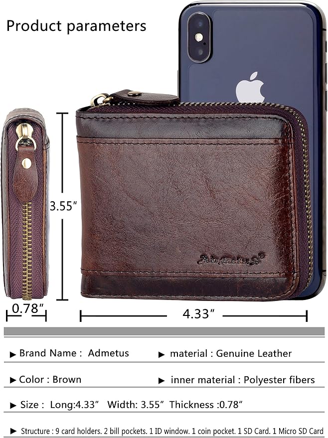 Admetus Mens RFID Blocking Wallets Zipper Leather Wallet for Men Bifold RFID Card Holder - Image 5