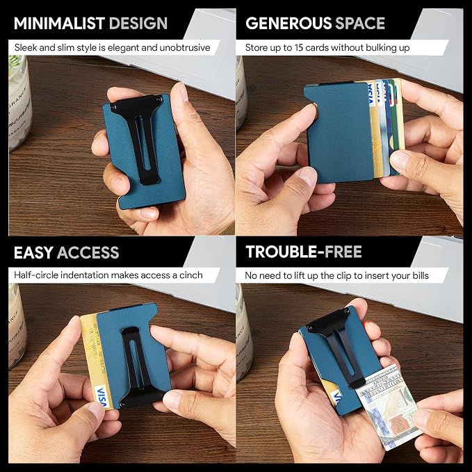Minimalist Wallet for Men, Slim Metal RFID Blocking Wallet Credit Card Holder Money Clip & Cash Strap, Scratch-Resistant Holds 15 Cards,Ideal Gift for Men | Matte Navy - Image 6