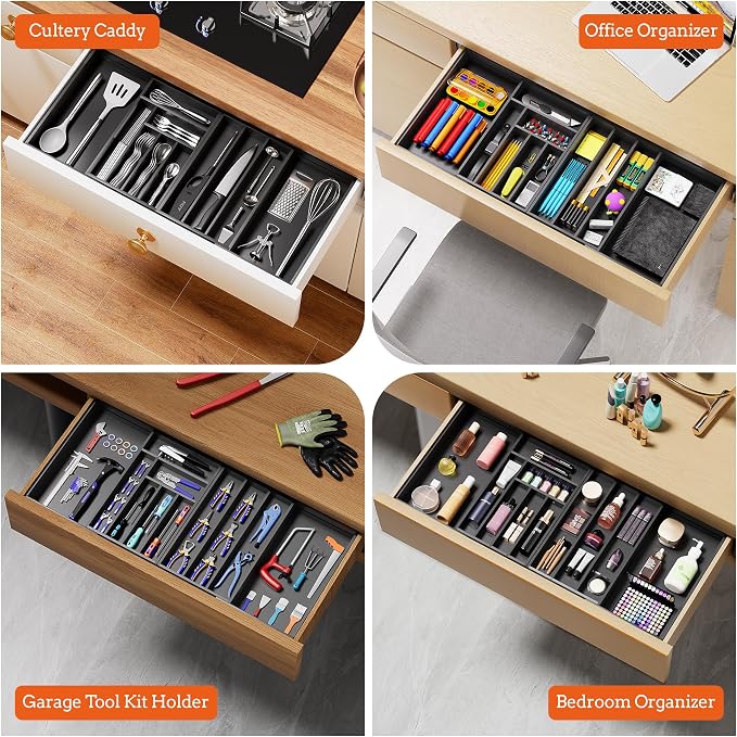 Bamboo Expandable Silverware Drawer Organizer 11 Slots Utensil Holder Black | Magnetic Adjustable Connection, 21-37.4 Inch Telescopic, 11 Divided Compartments, Black Bamboo, Classify All Kitchen Flatware - Image 8