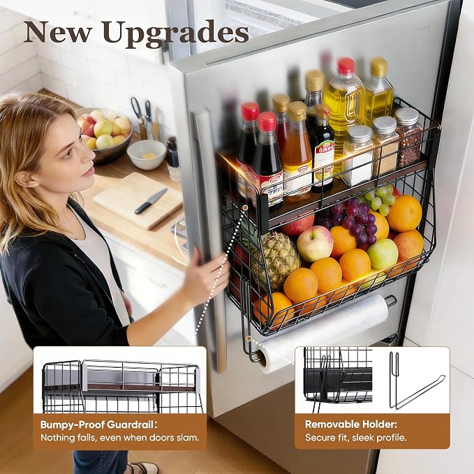 Magnetic Spice Rack for Fridge with Paper Towel Holder 2 Hook, Fruit Basket | Kitchen Storage and Organizer, Full‑Enclosed Magnetic Shelf 33 lbs for Laundry, Pantry, Coffee Bar and RV - Image 3