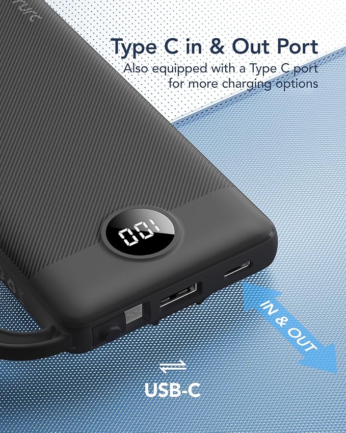 VRURC Portable Charger, Built-in 4 Cables Slim Power Bank 10000mAh, USB C Charging Bank with LED Display, Compact Travel Battery Pack with 5 Outputs for Multi Devices, Android-Black(1 Pack) - Image 6