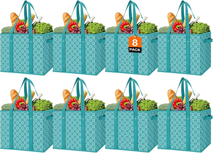 WISELIFE Reusable Grocery Bags 8 Pack,Large Grocery Tote Bag Water Resistant Shopping Bags Foldable Grocery Bag for Clothes,Shoes and Picnic,Green by WiseLife
