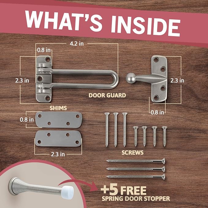 Jack N’ Drill Swing Bar Door Lock Durable Door Guard for Back & Front Doors, Childproof Door Security Made from Reinforced Diecast Metal for Home Security (Satin Nickel, 1 Pack & 5 Door Stopper) - Image 2