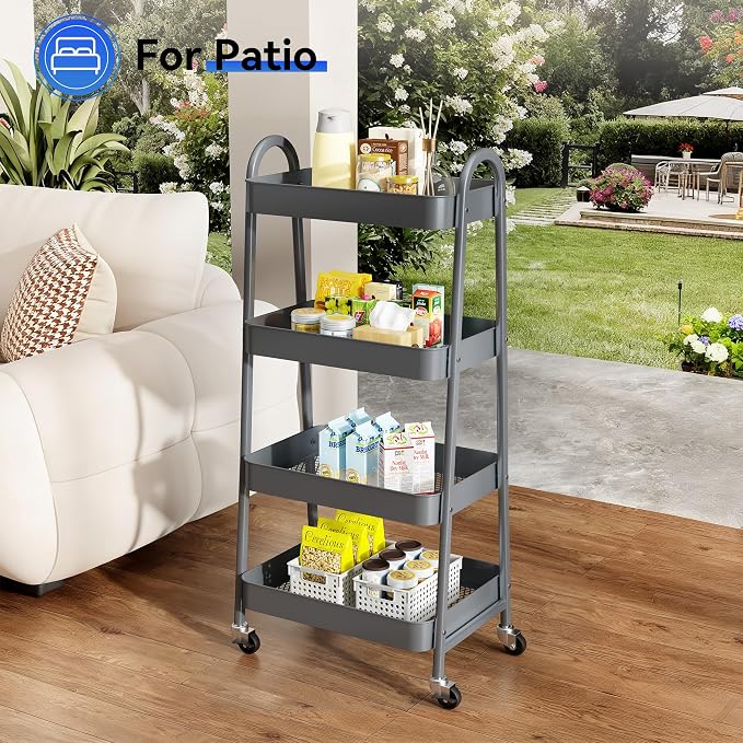 NEWBULIG 4-Tier Metal Rolling Storage Utility Cart with Lockable Wheels | Mobile Organizer Shelf, Space-Saving, Freestanding, Bathroom, Living Room, Slim, Narrow Corner Spaces, Grey - Image 8