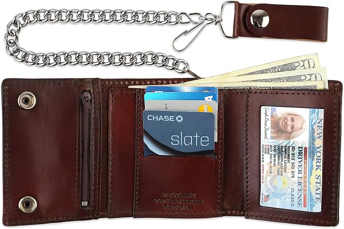 RFID Blocking Men's Tri-fold Vintage Biker Cowhide Leather Steel Chain Wallet,Snap closure, Made In USA,at315-129,flag/eagle,brown - Image 2