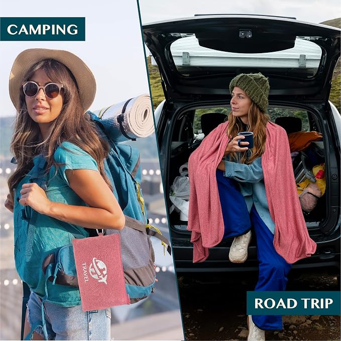 PAVILIA Soft Travel Blanket, Compact Airplane Blanket in Bag, Portable Blanket Pillow Set, Lightweight and Packable Plane Flight Car Trips Travel Home Office Gift Accessories, Pink, 65x40 inches - Image 4