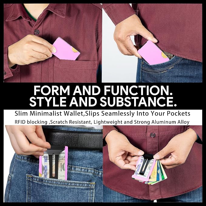Minimalist Wallet for Men, Slim Metal RFID Blocking Wallet Credit Card Holder Money Clip & Cash Strap, Scratch-Resistant Holds 15 Cards,Ideal Gift for Men | Matte Pink - Image 6