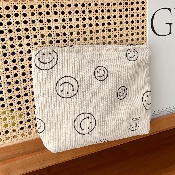 Cosmetic Bags for Women - Corduroy Cosmetic Bag Aesthetic Women Handbags Purses Smile Dots Makeup Organizer Storage Makeup Bag Girls Case Bags (A-Beige) - Image 4