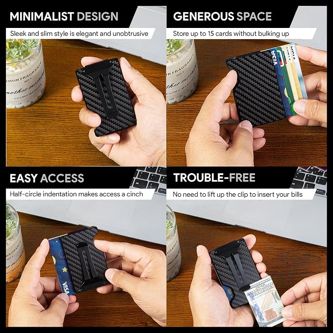 Carbon Fiber Minimalist Wallet for Men, Slim Metal RFID Blocking Wallet Credit Card Holder Money Clip & Cash Strap, Scratch-Resistant Holds 15 Cards,Ideal Gift for Men | Matte Carbon Fiber - Image 6