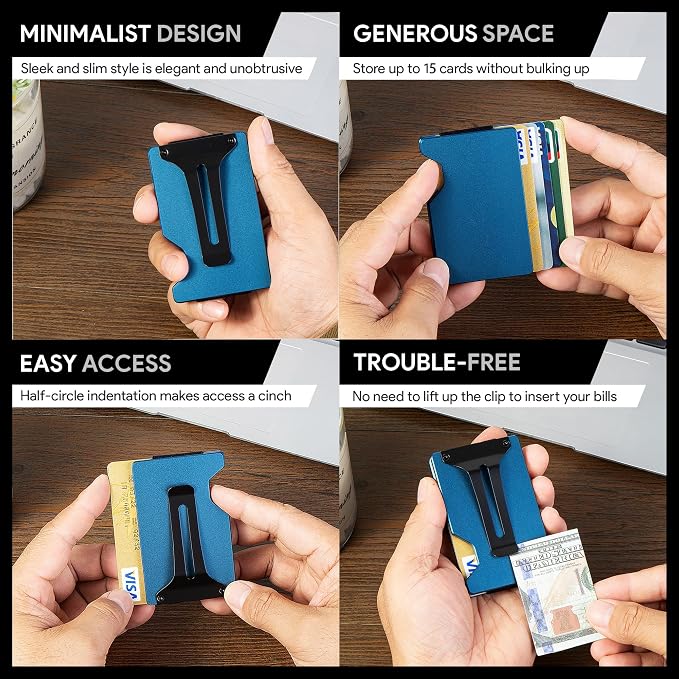 Minimalist Wallet for Men, Slim Metal RFID Blocking Wallet Credit Card Holder Money Clip & Cash Strap, Scratch-Resistant Holds 15 Cards,Ideal Gift for Men | Matte Blue - Image 6