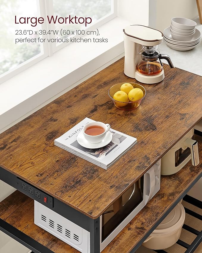 VASAGLE Kitchen Island with 3 Shelves, 39.4 Inches Width Kitchen Shelf with Power Strip, Large Worktop, Stable Steel Structure, Industrial, Easy to Assemble, Rustic Brown and Black UKKI105K01 - Image 6